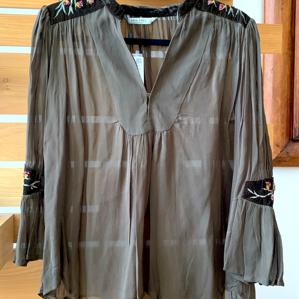 Zara basic special collection sheer dark olive/brown blouse Size S NWT